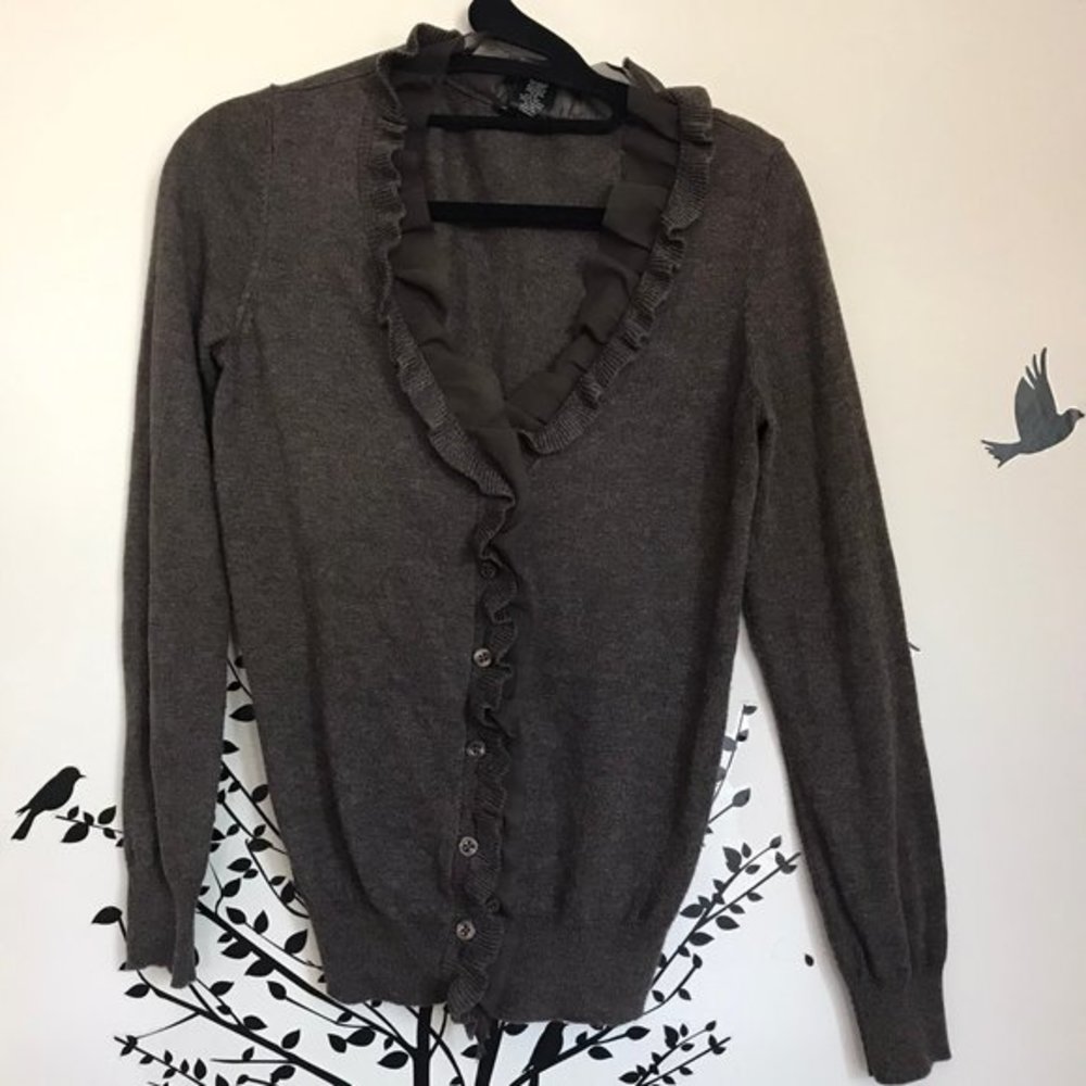 ANN TAYLOR ruffle cardigan XS chocolate brown